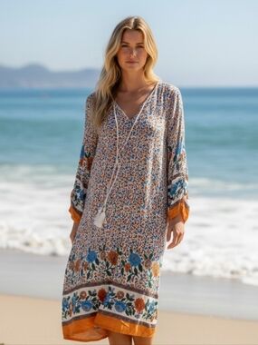 Boho Floral V-Neck Beach Dress - Orange & Blue 4355